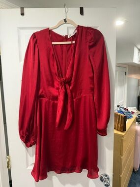 Red Tie-Neck Long-Sleeve Mini Dress - Women's